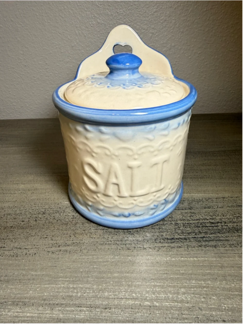 Vintage Blue & White Stoneware Hanging Salt Box Crock with Lid